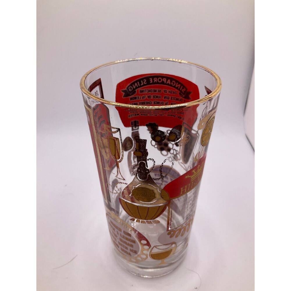Vintage MCM Highball Collins‎ Cocktail Glasses w/Recipes - 6" Tall, Red & Gold